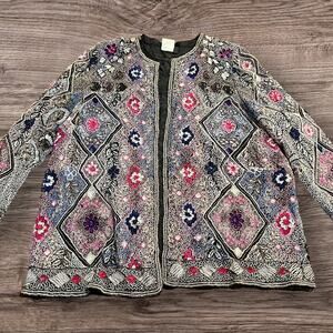 Vintage Diane Freis Hand Beaded Embroidered Sequined Lined Silk Jacket Size XL
